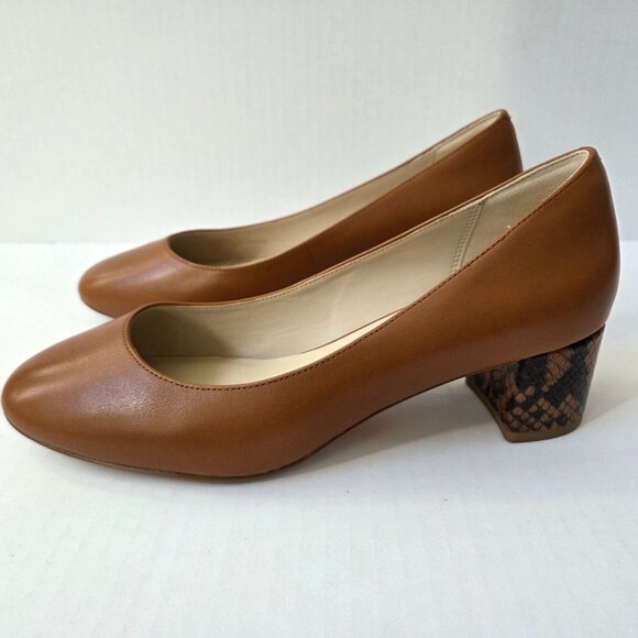 Cole Haan Lesli Block Pumps Womens 7 Brown Leather Contrasting Snakeskin Heels - Picture 1 of 12